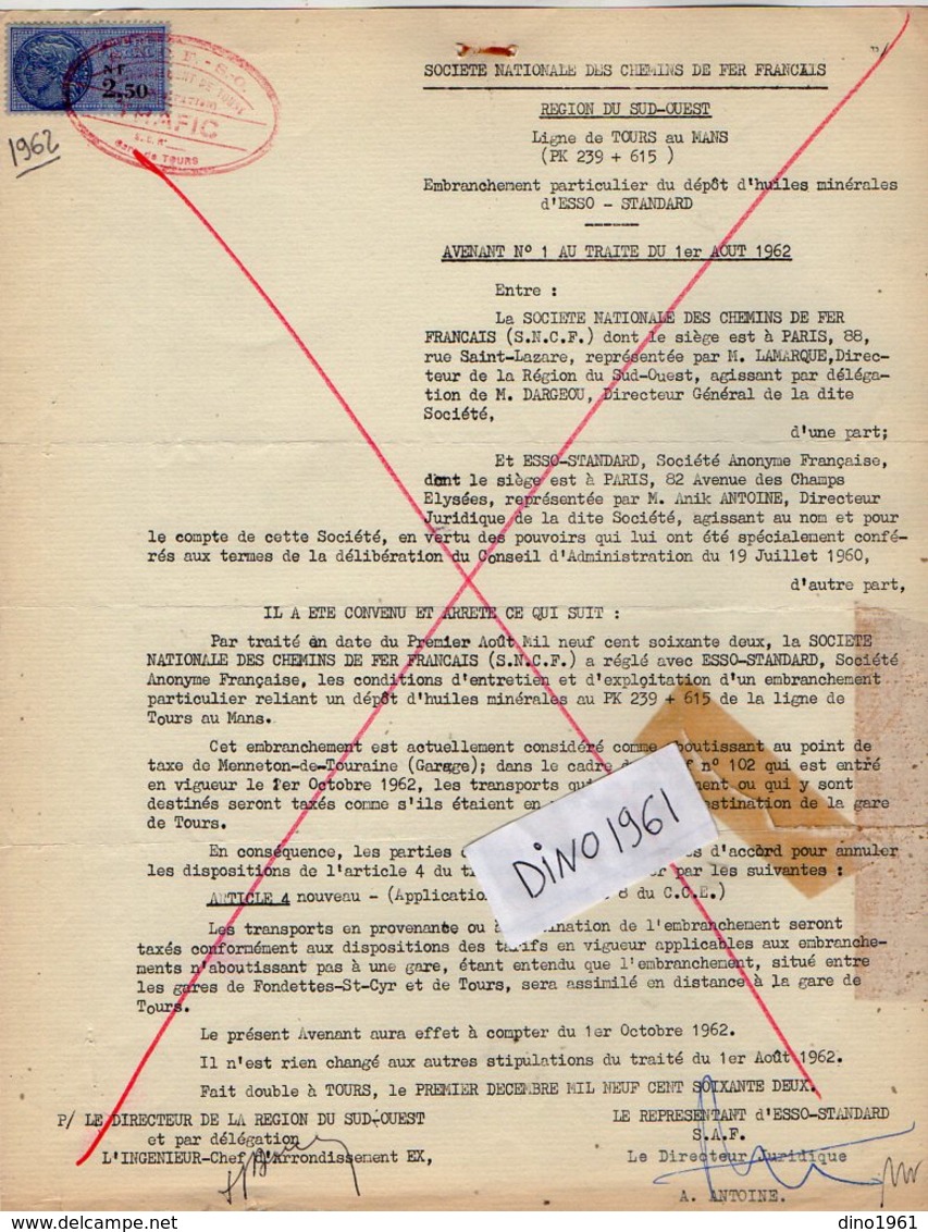 VP12.741 - TOURS X PARIS - Plan & 2 Actes De 1962 - Entre La S.N.C.F Ligne De TOURS Au MANS & La Sté ESSO - STANDARD - Chemin De Fer