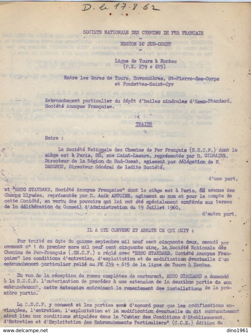 VP12.741 - TOURS x PARIS - Plan & 2 Actes de 1962 - Entre la S.N.C.F Ligne de TOURS au MANS & La Sté ESSO - STANDARD