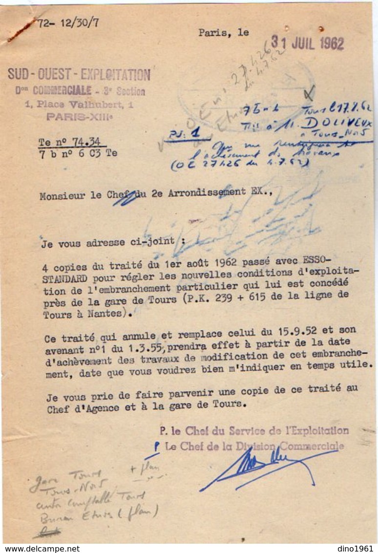 VP12.741 - TOURS x PARIS - Plan & 2 Actes de 1962 - Entre la S.N.C.F Ligne de TOURS au MANS & La Sté ESSO - STANDARD