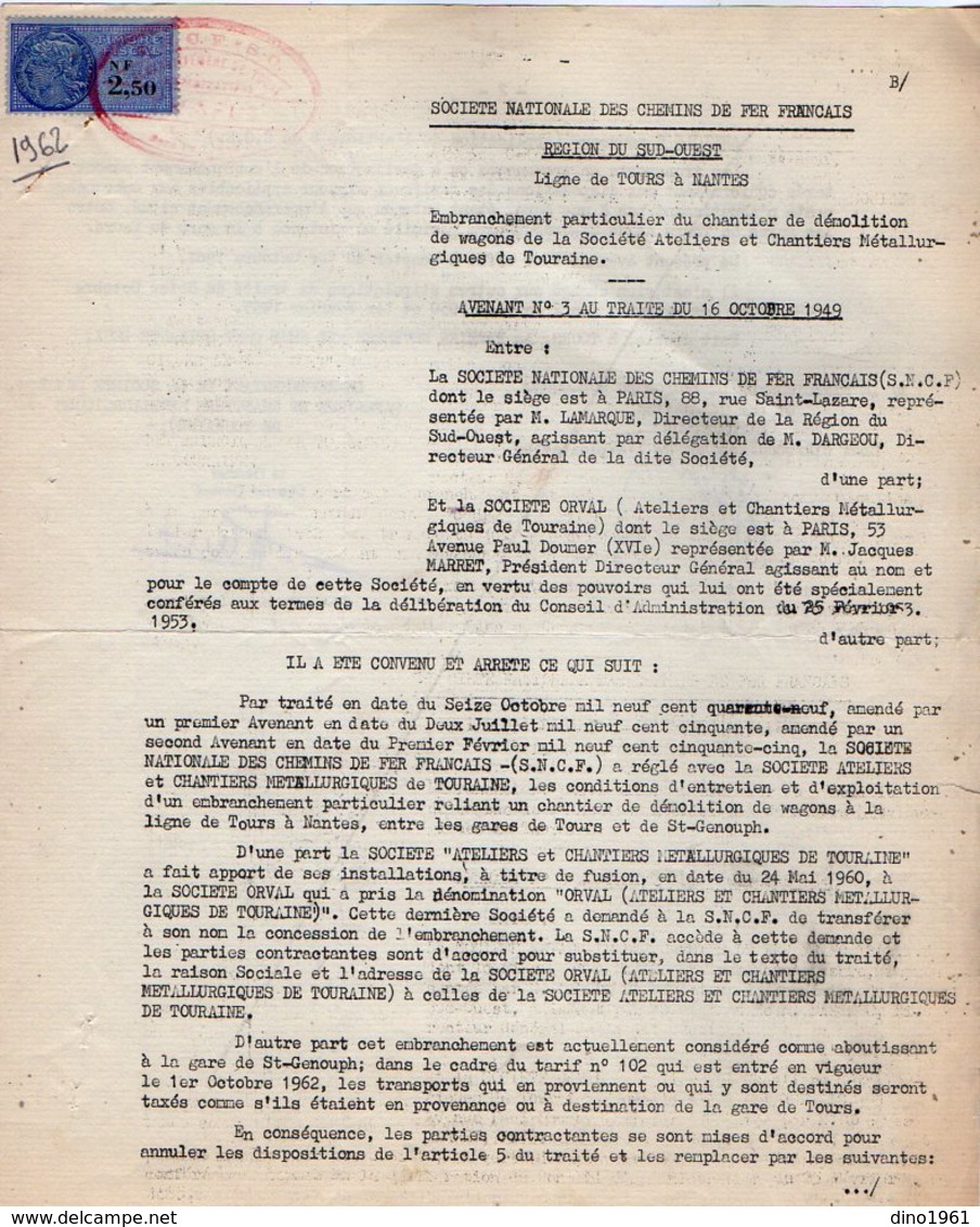 VP12.742 - TOURS - Acte De 1962 - Entre La S.N.C.F Ligne De TOURS Au NANTES & La Société ORVAL à PARIS - Chemin De Fer