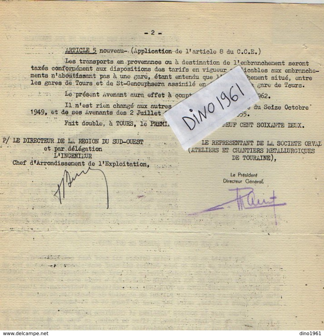 VP12.742 - TOURS - Acte De 1962 - Entre La S.N.C.F Ligne De TOURS Au NANTES & La Société ORVAL à PARIS - Chemin De Fer
