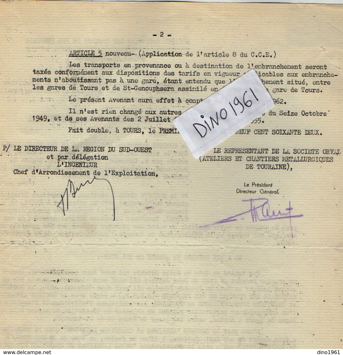 VP12.742 - TOURS - Acte De 1962 - Entre La S.N.C.F Ligne De TOURS Au NANTES & La Société ORVAL à PARIS - Spoorweg