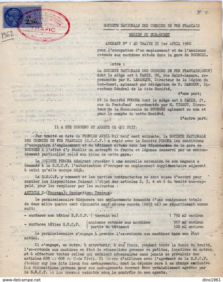 VP12.743 - TOURS - Acte De 1962 - Entre La S.N.C.F Gare De BOURGES & La Société POMONA à PARIS - Railway