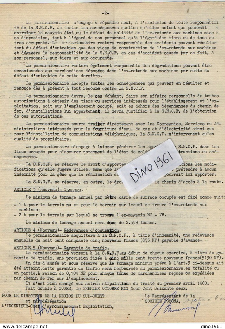 VP12.743 - TOURS - Acte De 1962 - Entre La S.N.C.F Gare De BOURGES & La Société POMONA à PARIS - Railway