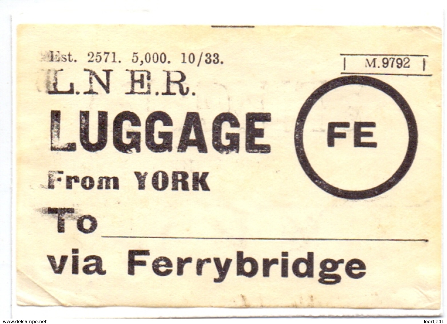 Ticket Treinkaartje Biljet Spoorwegen - Chemins De Fer - Luggage From York Via Ferrybridge - Europa