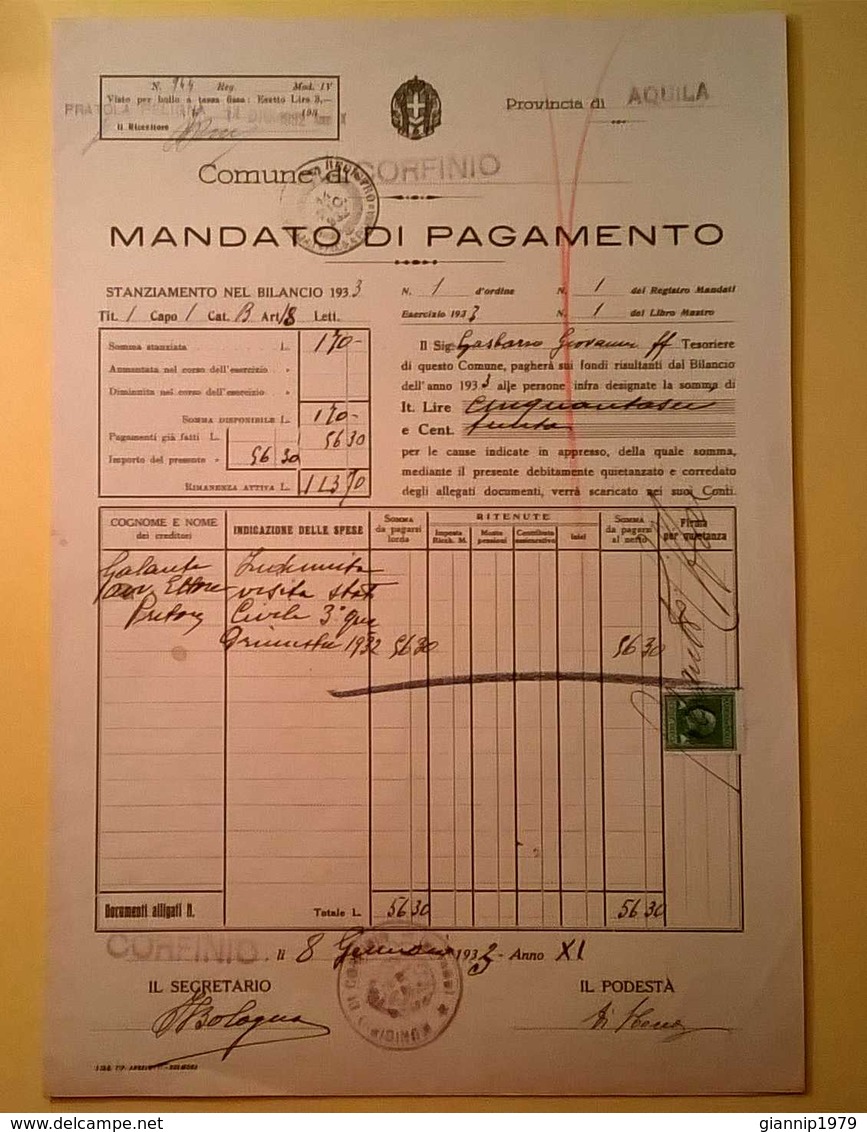 1933 MANDATO DI PAGAMENTO DEL REGNO ACQUILA CORFINIO MARCA DA BOLLO VITTORIO EMANUELE TIMBRO UFFICIALE - Italia