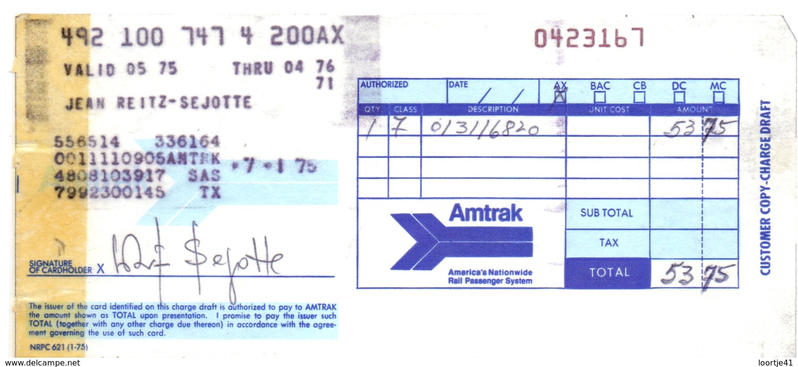 Ticket Treinkaartje Biljet Spoorwegen - Chemins De Fer - USA - Amtrak Rail 1975 - Wereld