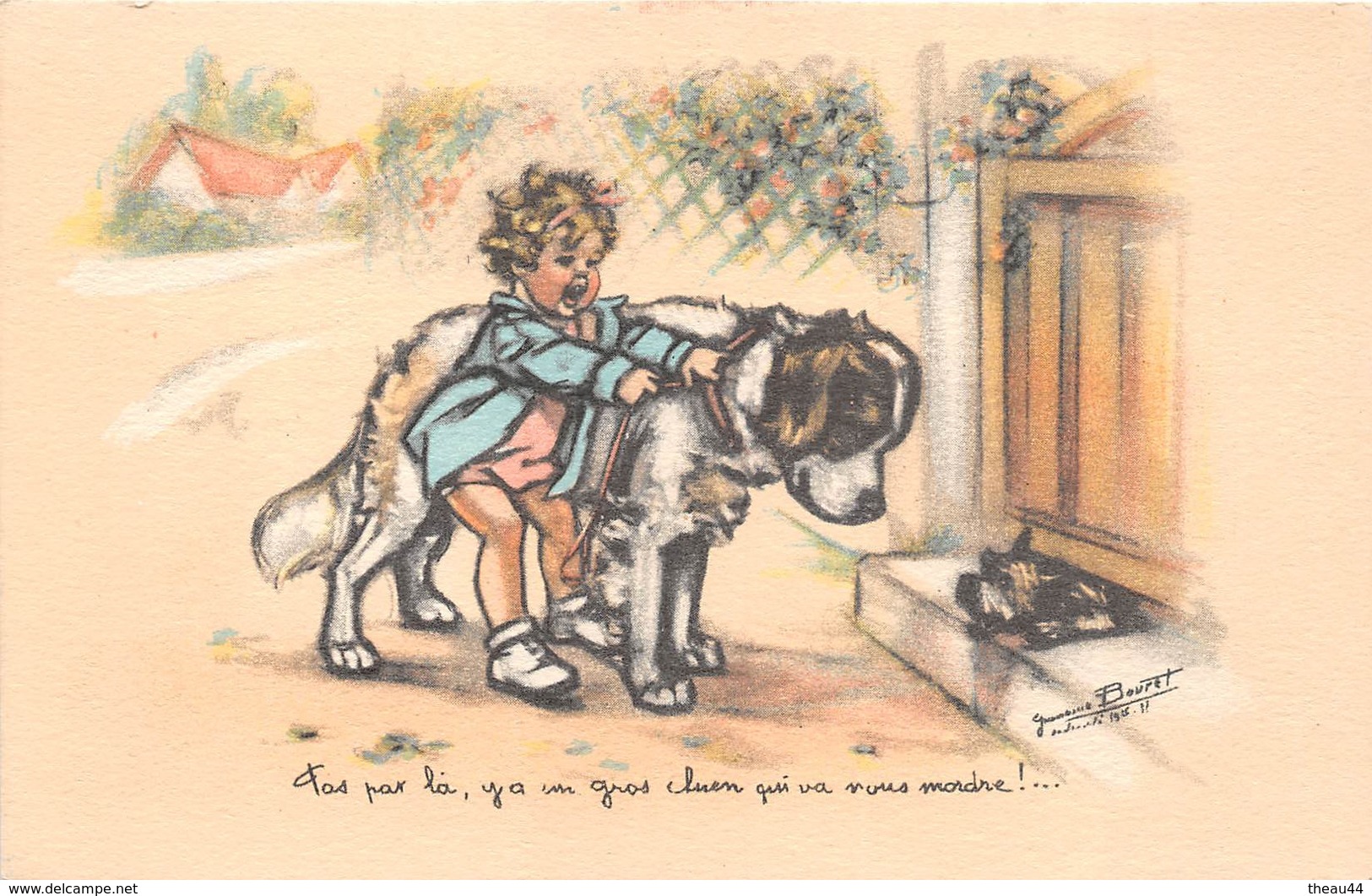 ¤¤  -  Illustrateur " Germaine BOURET "  -  Petite Fille Avec Son Chien  -  Saint-Bernard  -  ¤¤ - Bouret, Germaine