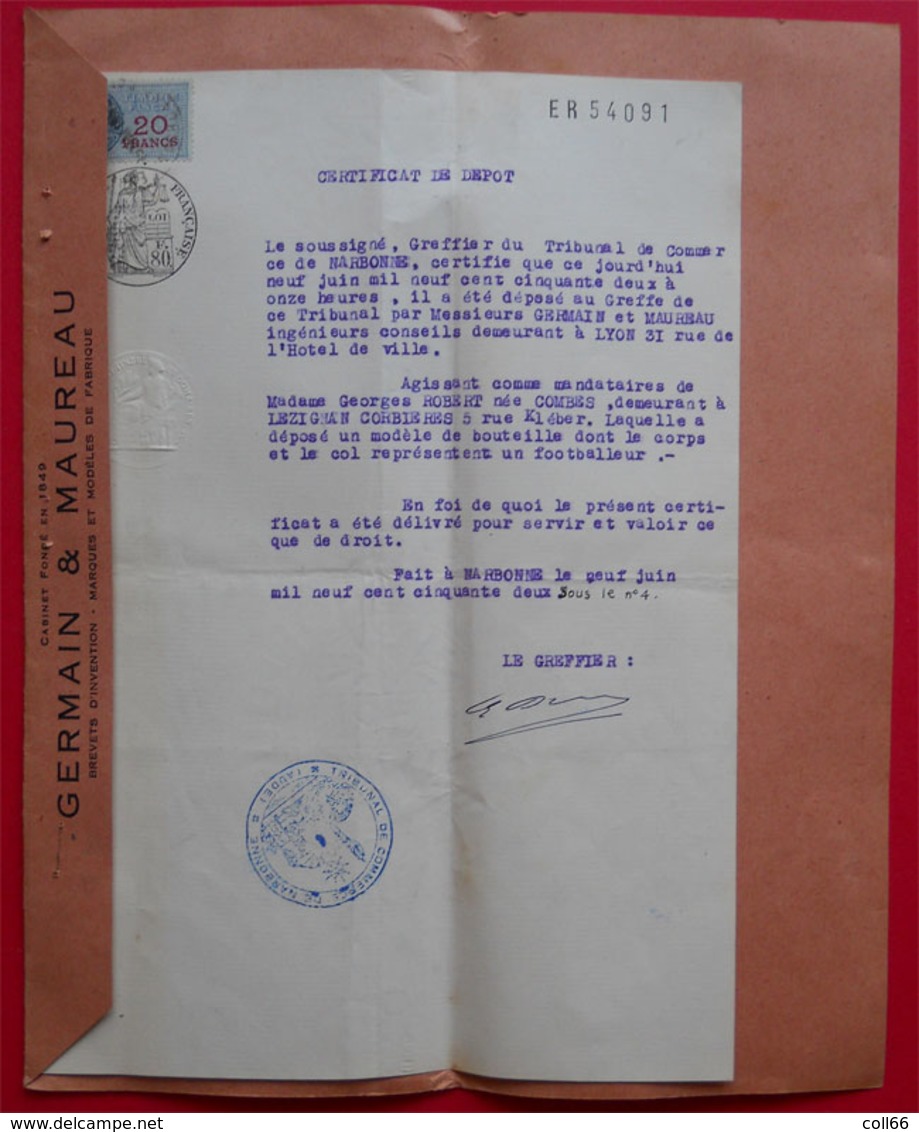 1951 RARE Brevet Invention + 6 photos Bouteille Forme Joueur de Rugby et Foot Distillerie Lezignan-Corbieres 11