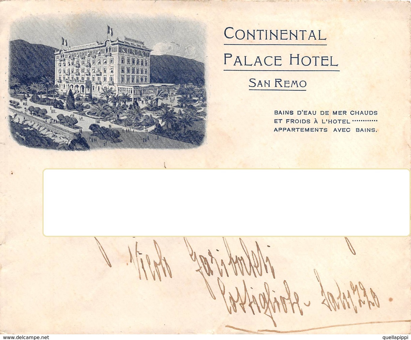 DD8033 "BUSTA CON INTESTAZIONE DEL CONTINENTAL PALACE HOTEL DI SAN REMO (IM)"  ORIG. - Guerre, Militaire