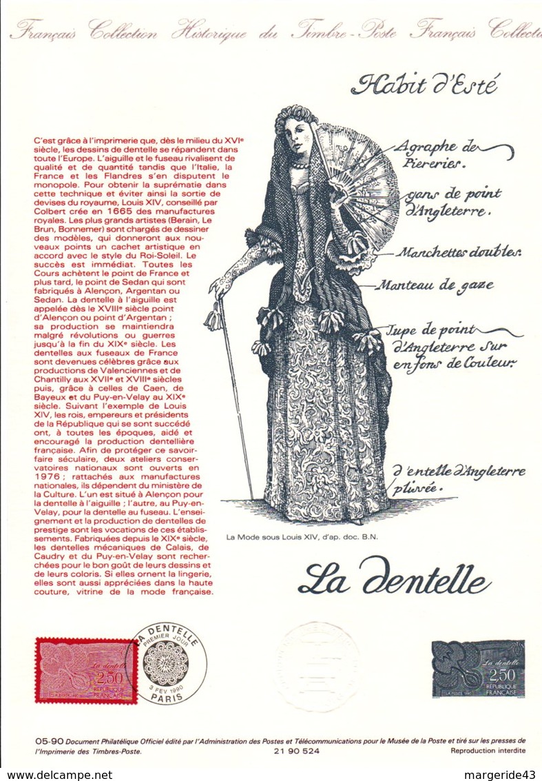 1990 DOCUMENT FDC LA DENTELLE - Documents De La Poste