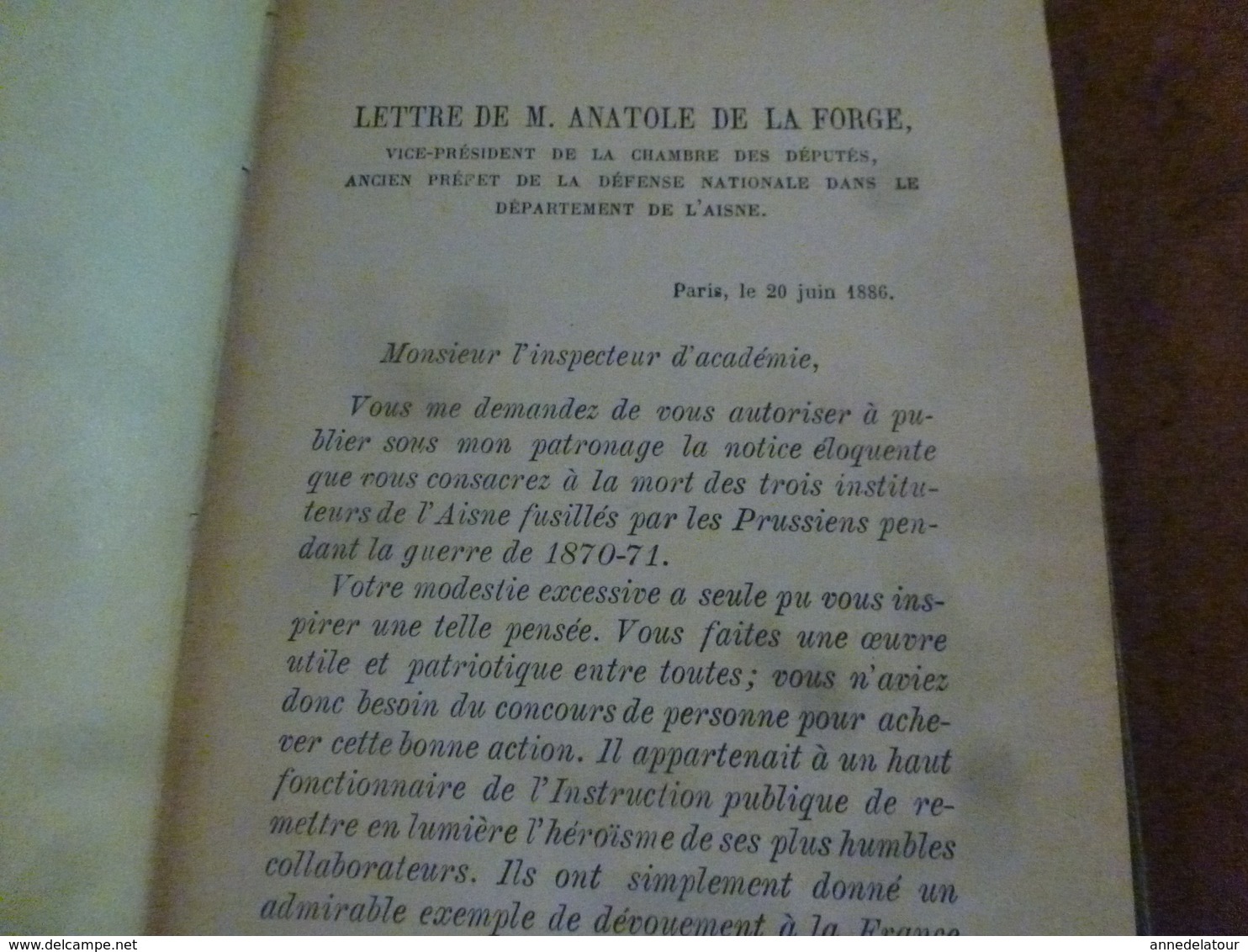 1887 LES TROIS INSTITUTEURS DE L'AISNE fusillés pendant la guerre de 1870-1871 - documents recueillis par Jean Zeller