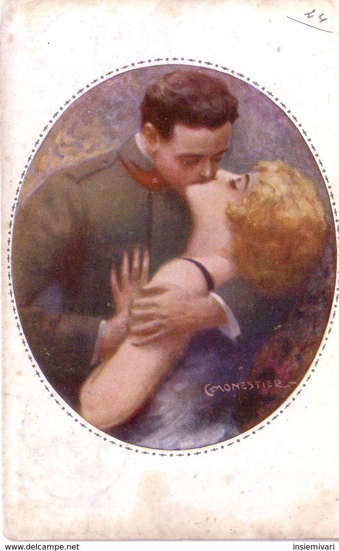 CARTOLINA"BACIO TRA SOLDATO E GIOVANE DONNA In Ovale" ILLUSTRAT.MONESTIER 1918 - Monestier, C.