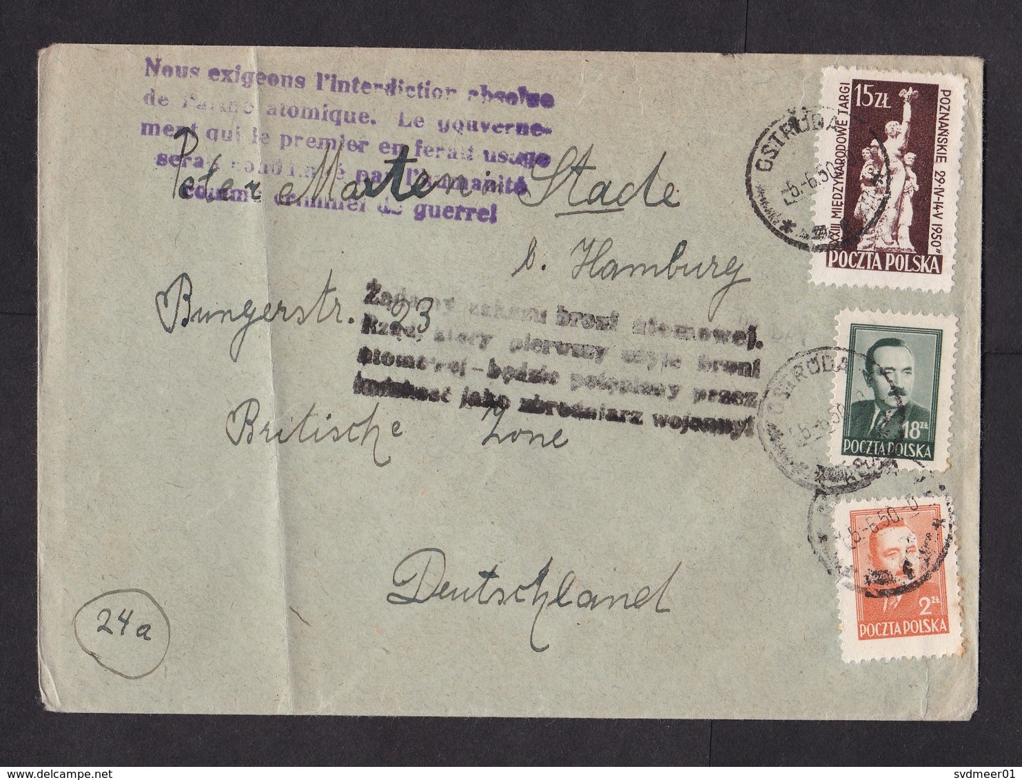 Poland: Cover To Germany, 1950, 3 Stamps, Statue, 2x Propaganda Cancel Anti Nuclear War (minor Damage) - Briefe U. Dokumente