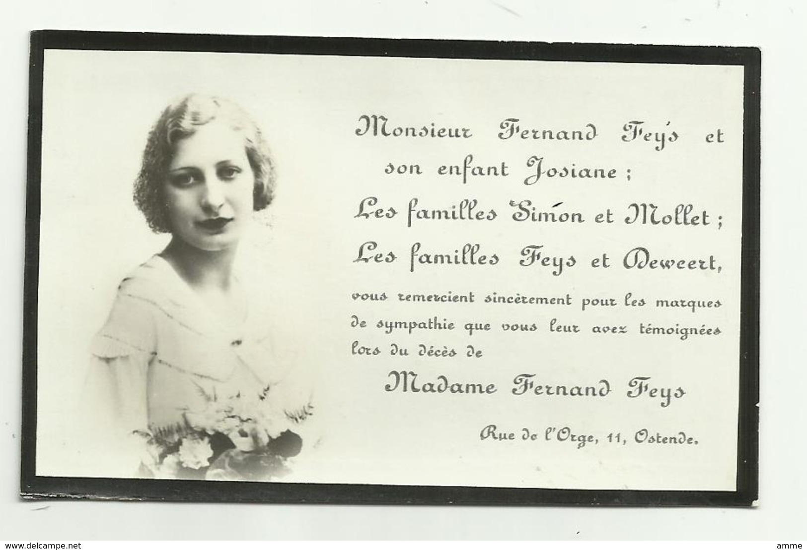 Doodsprentje / Bedanking  *  Madame Fernand Feys (familles Simon, Mollet, Feys, Deweert , Oostende - Godsdienst & Esoterisme