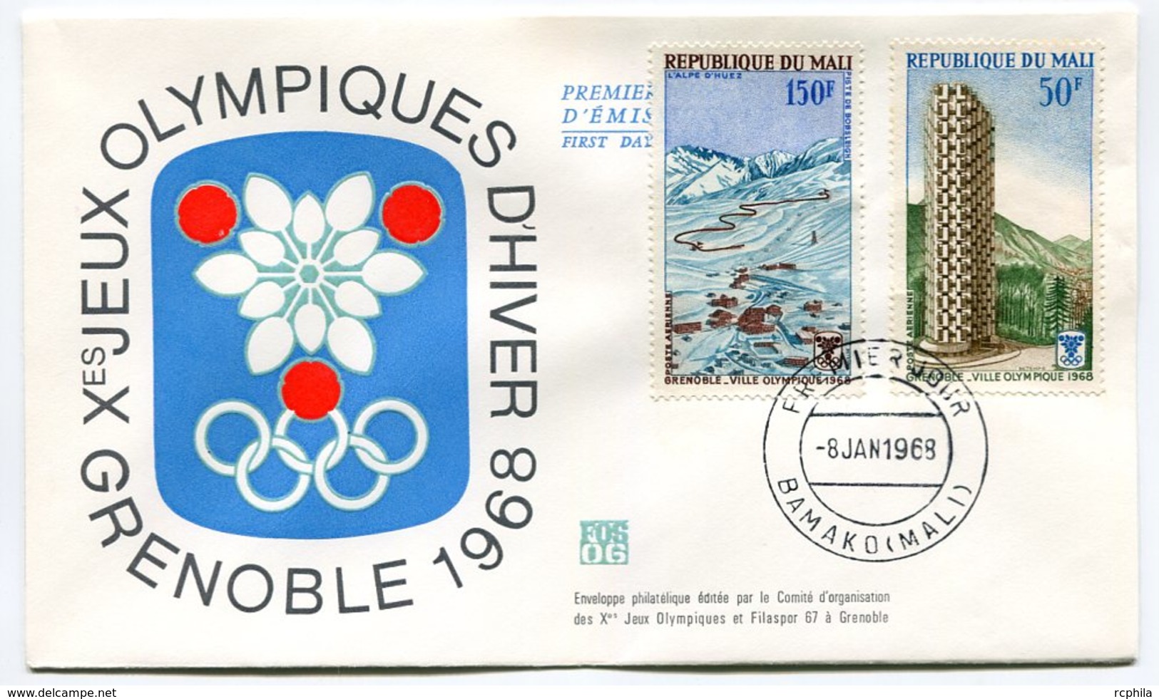 RC 9670 MALI JEUX OLYMPIQUES DE GRENOBLE 1968 PISTE DE SKI ET UNE DES 3 TOURS 1er JOUR FDC TB - Mali (1959-...)