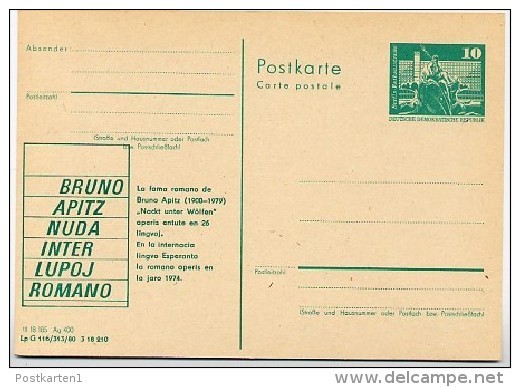 DDR P79-36b-80 C135-b Postkarte PRIVATER ZUDRUCK Esperanto Bruno Apitz Leipzig 1980 - Privatpostkarten - Ungebraucht