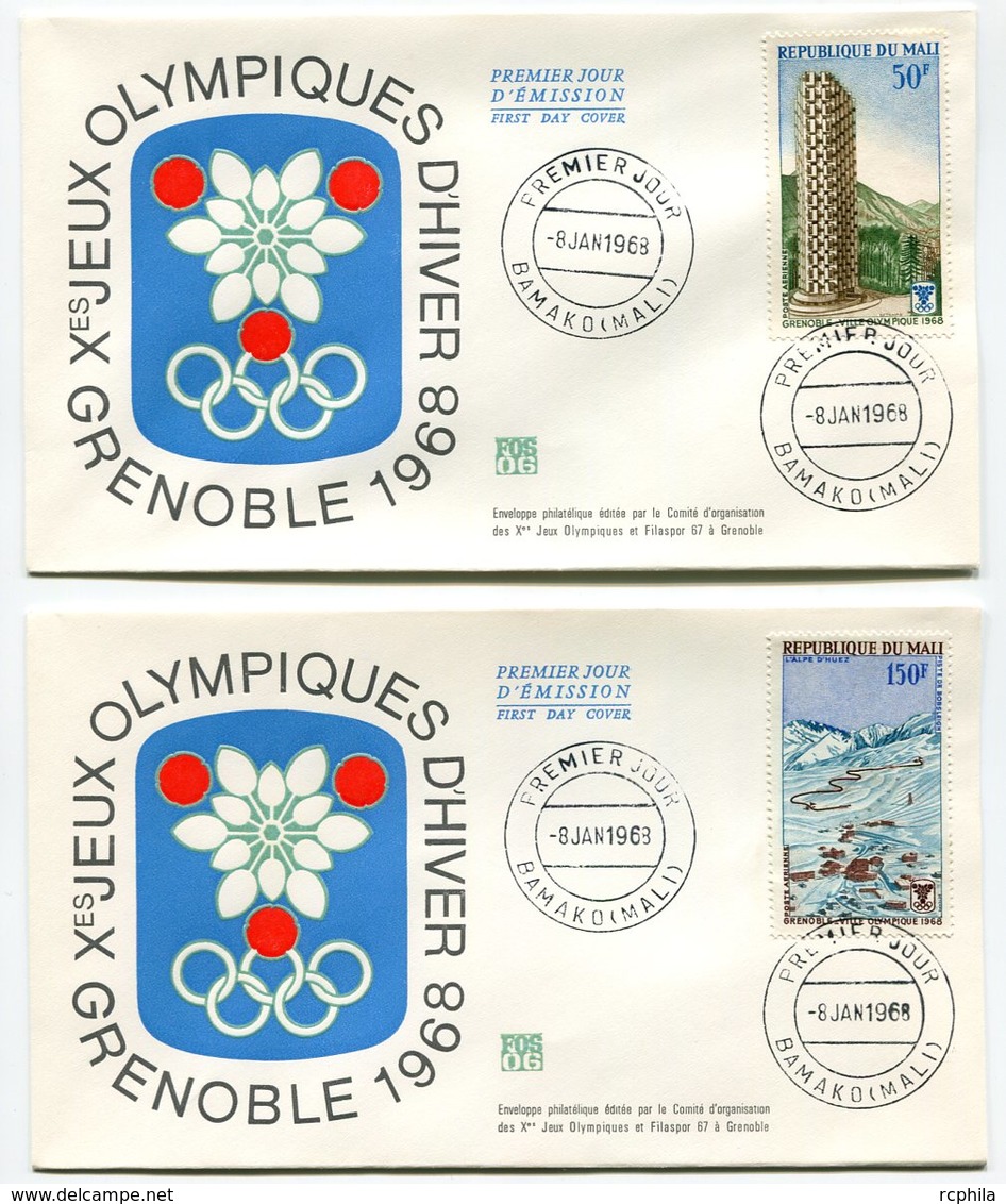 RC 9674 MALI JEUX OLYMPIQUES DE GRENOBLE 1968 PISTE DE SKI ET UNE DES 3 TOURS 1er JOUR FDC TB - Malí (1959-...)