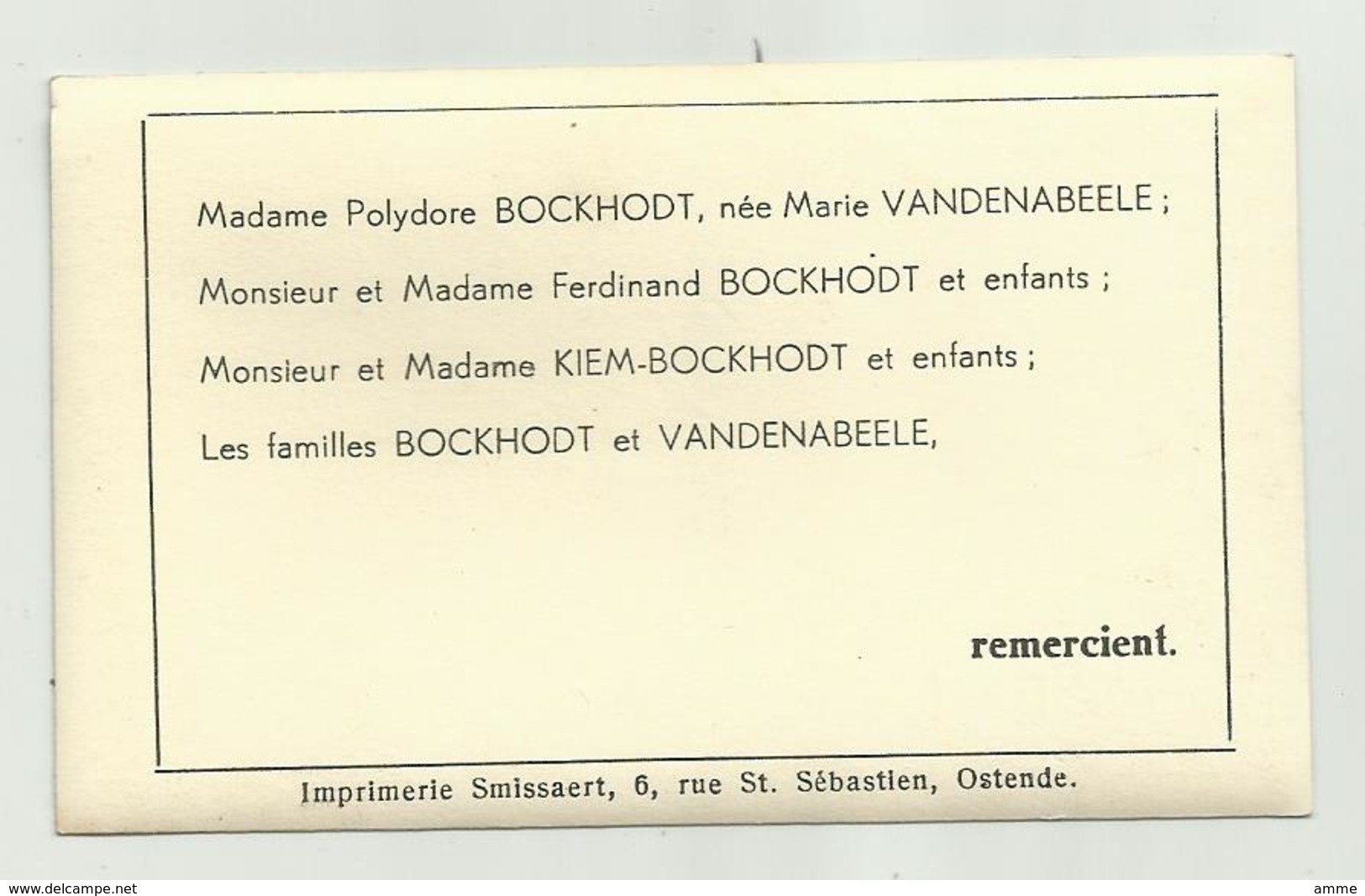 Doodsprentje / Bedanking  *  Familles Bockhodt, Vandenabeele, Kiem , Oostende - Religion & Esotérisme