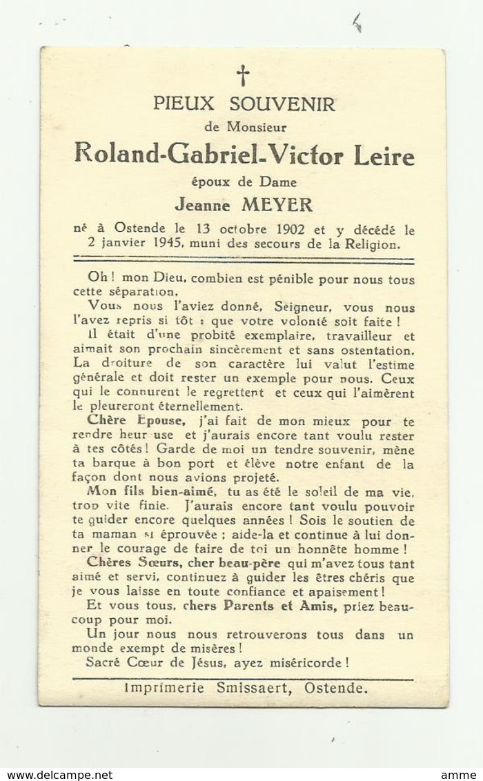 Doodsprentje  *  Leire Roland-Gabriel  (° Oostende1902 /  + Oostende 1945)  X Meyer Jeanne - Religion & Esotérisme