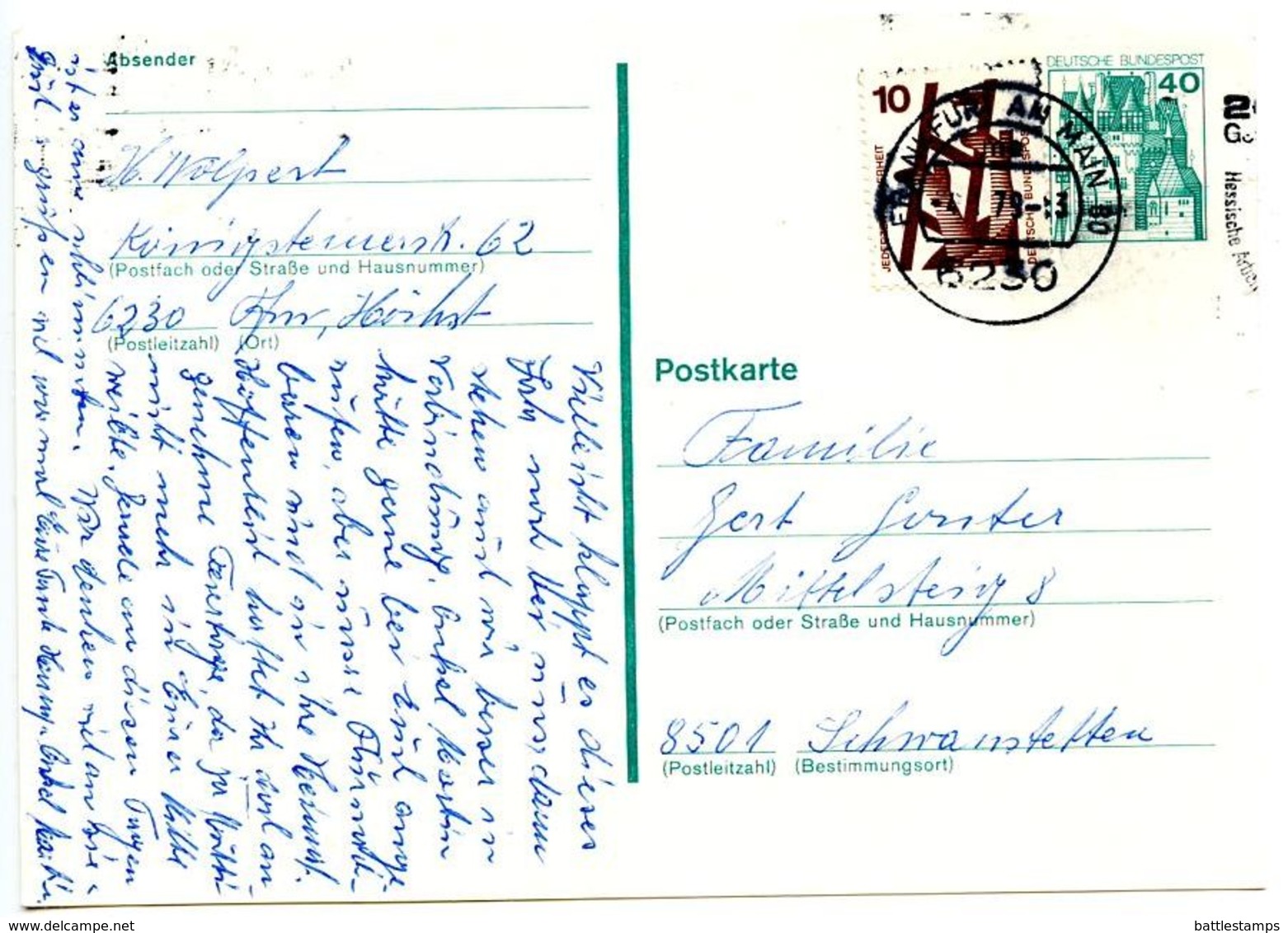 Germany 1979 Uprated Postal Card Frankfurt To Schwanstetten - Postcards - Used