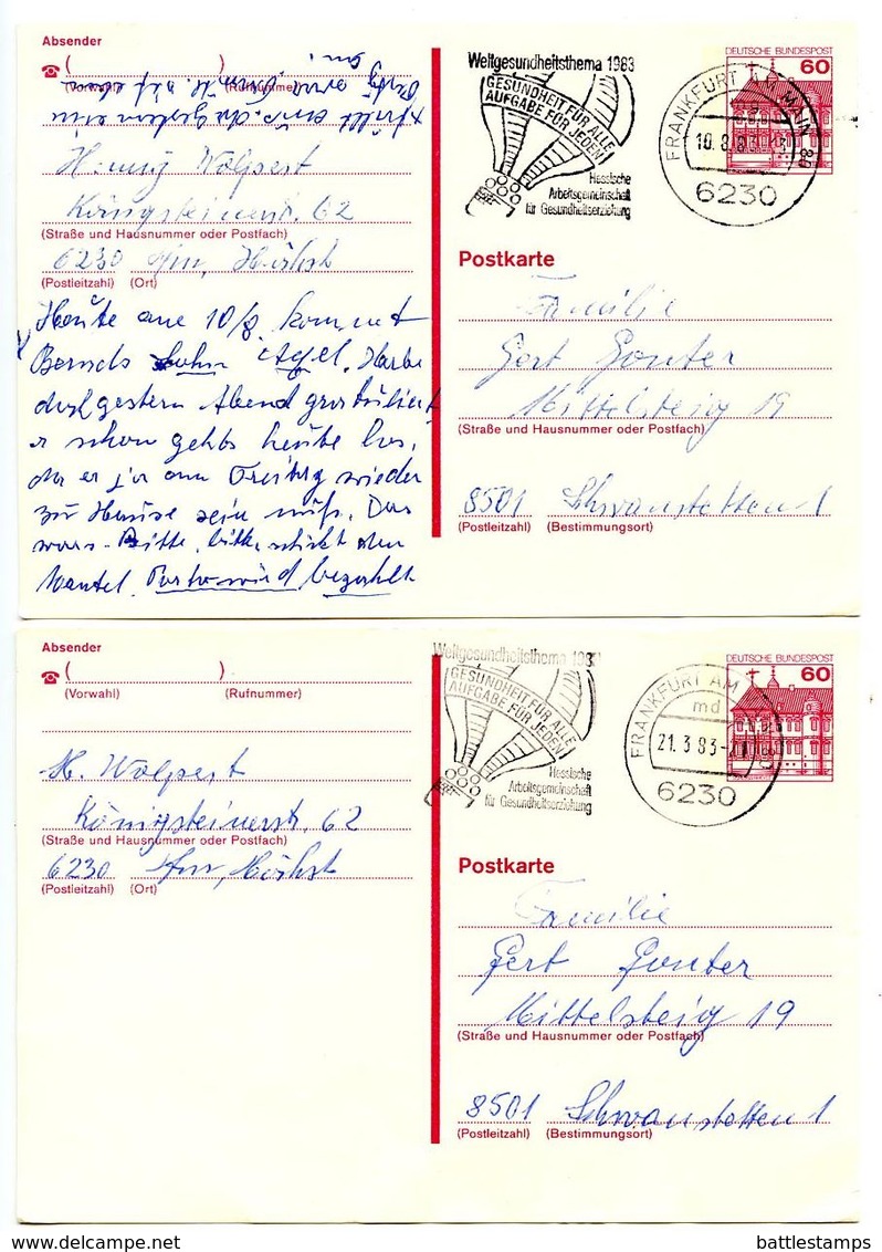 Germany 1983 2 60pf. Rheydt Castle Postal Cards Frankfurt To Schwanstetten - Postcards - Used