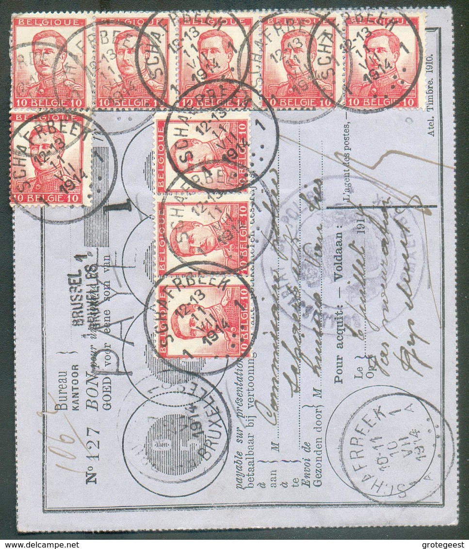 N°123(9) - Bon De Poste Payé De BRUXELLES 1 Le 22-VI-1914 Pour La Somme De 1Fr.90 (90 Centimes Payée Par Tp Pellens Obl. - 1912 Pellens