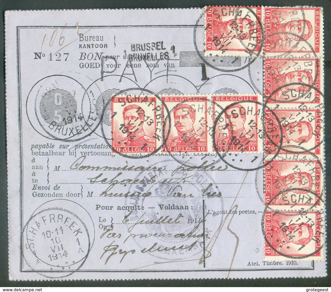 N°123(9) - Bon De Poste Payé De BRUXELLES 1 Le 22-VI-1914 Pour La Somme De 1Fr.90 (90 Centimes Payée Par Tp Pellens Obl. - 1912 Pellens