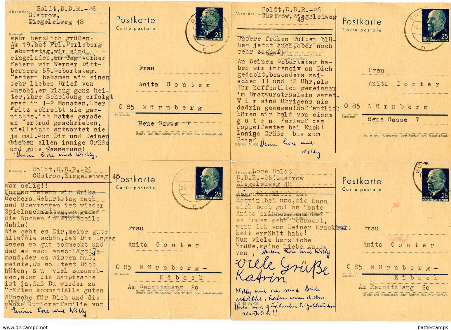 Germany, East 1972 4 Postal Cards Güstrow To Nürnberg, West Germany - Postales - Usados