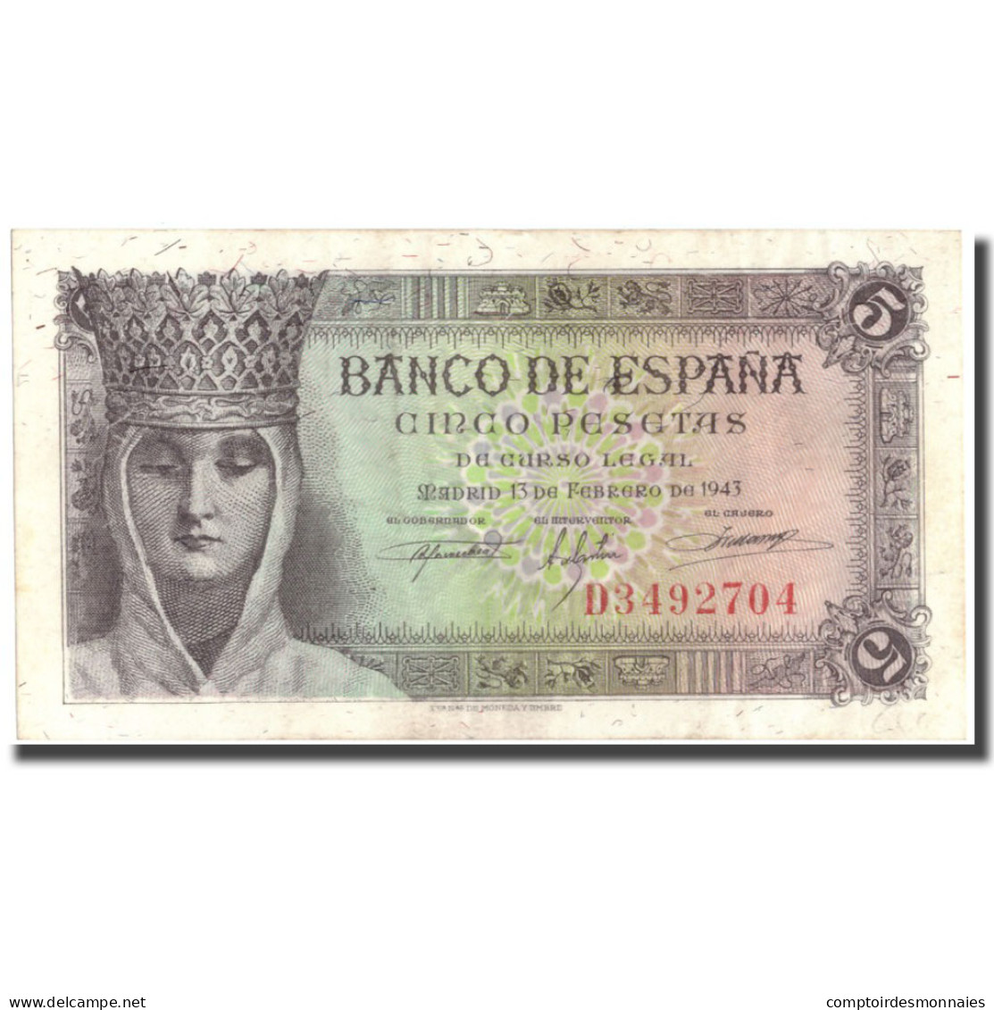 Billet, Espagne, 5 Pesetas, 1943, 1943-02-13, KM:127a, SPL+ - 5 Pesetas