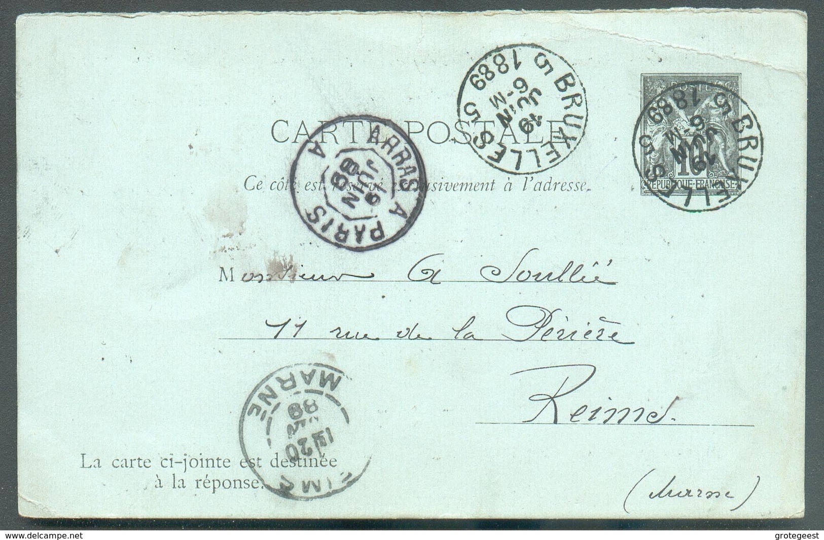 EP Français Type SAGE 10c. Obl. BRUXELLES 5 Du 19 Juin 1889 Vers Reims.  Superbe Frappe - 12937 - Tarjetas 1871-1909