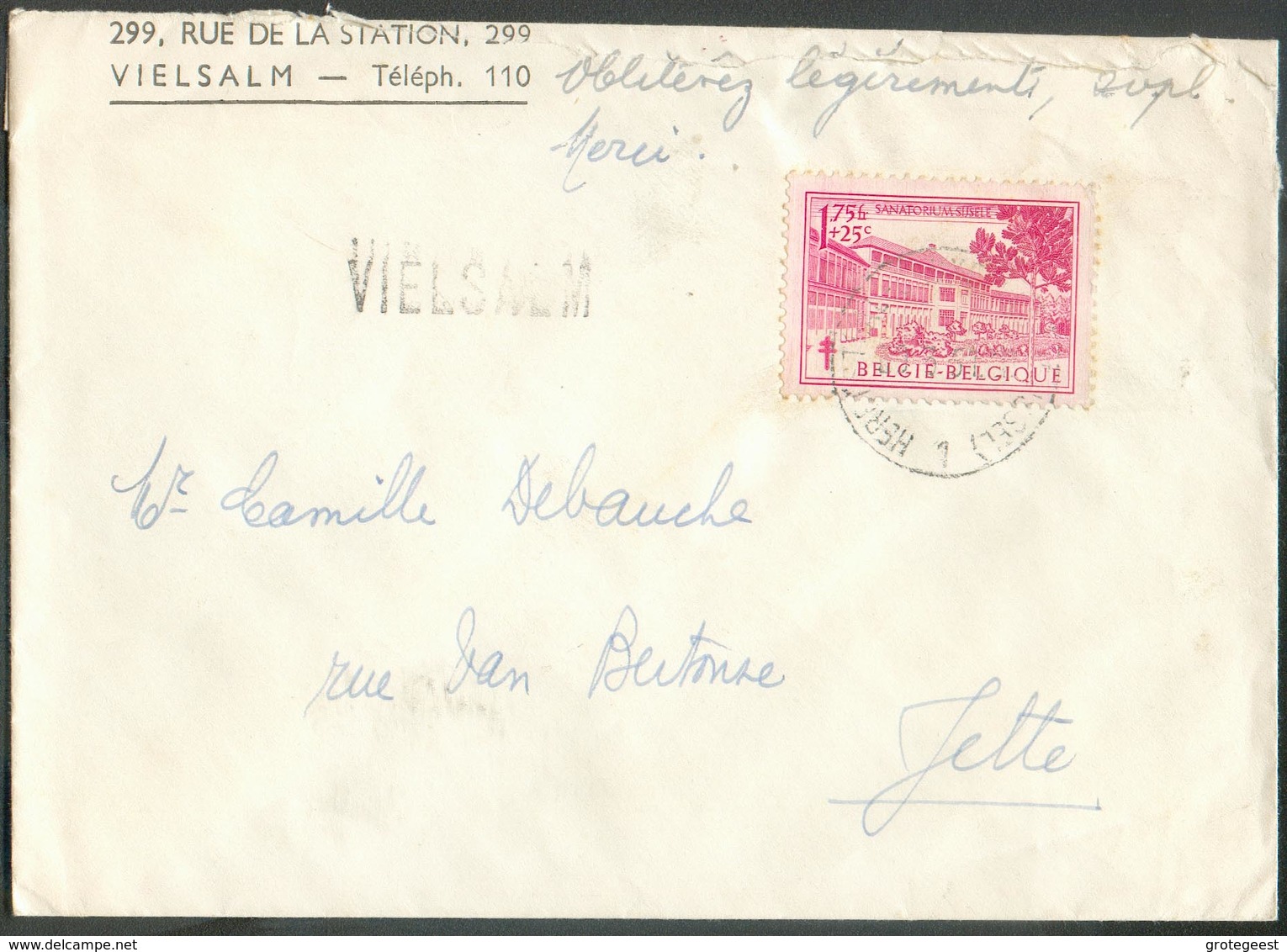 1Fr.75 SANATORIUM SIJSELE Obl. Sc Ambulant HERBESTHAL-BRUXELLES 1 Sur Lettre Avec Griffe De VIELSALM Du 29-3-1951 Vers J - Griffes Linéaires