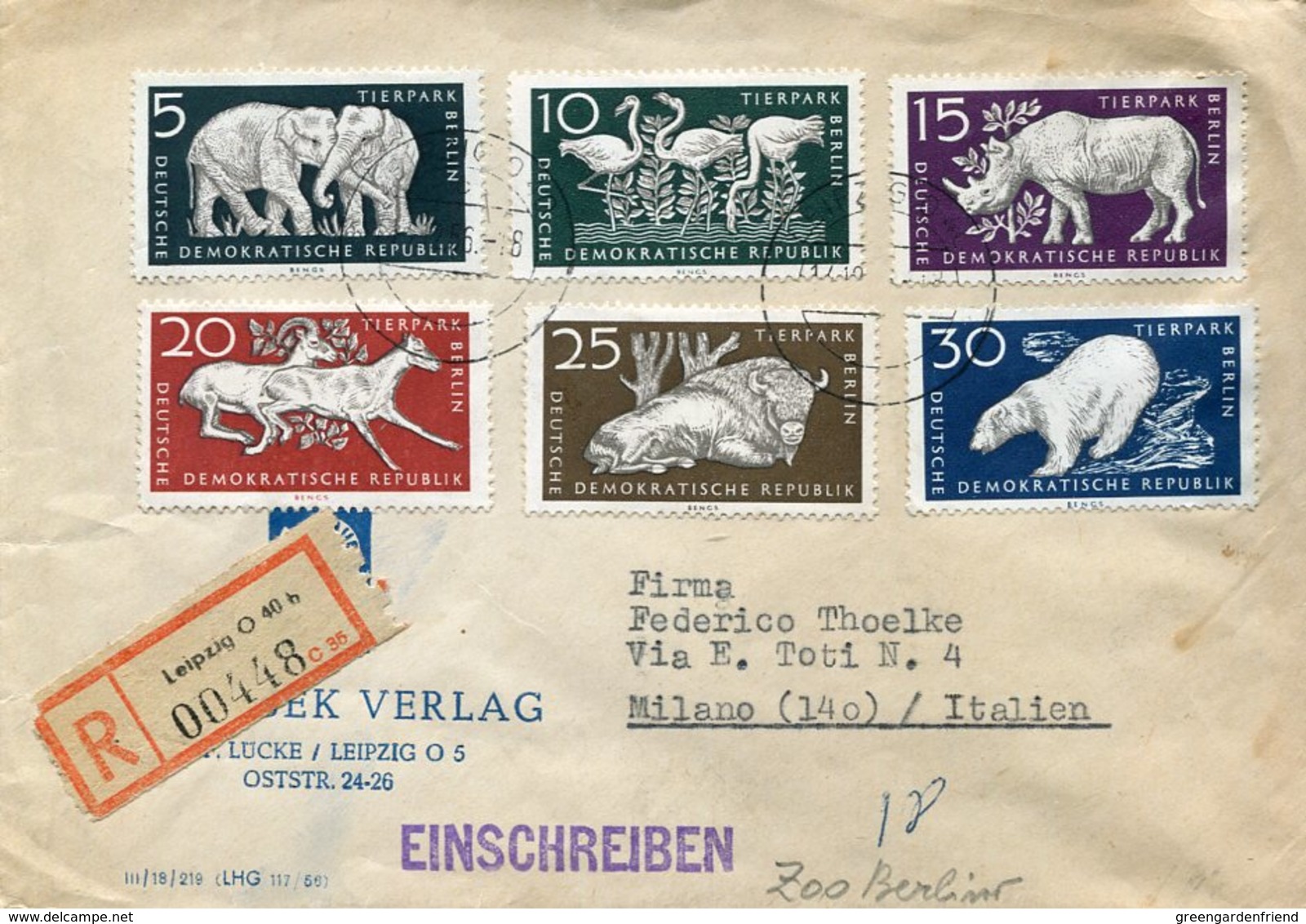 35942 Germany Ddr, Registered Circuled Fdc 14.12.1956  Animals Of The Zoo Of Berlin, - Autres & Non Classés