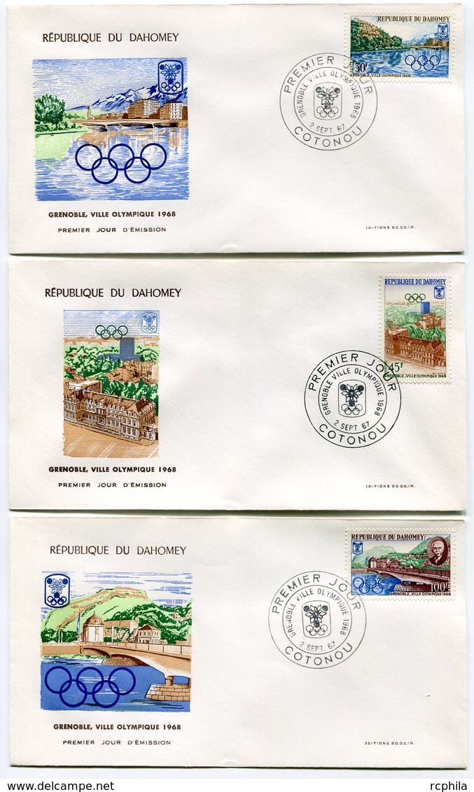 RC 9679 DAHOMEY JEUX OLYMPIQUES DE GRENOBLE 1968 VILLE OLYMPIQUE COUBERTIN 1er JOUR FDC TB - Brieven En Documenten