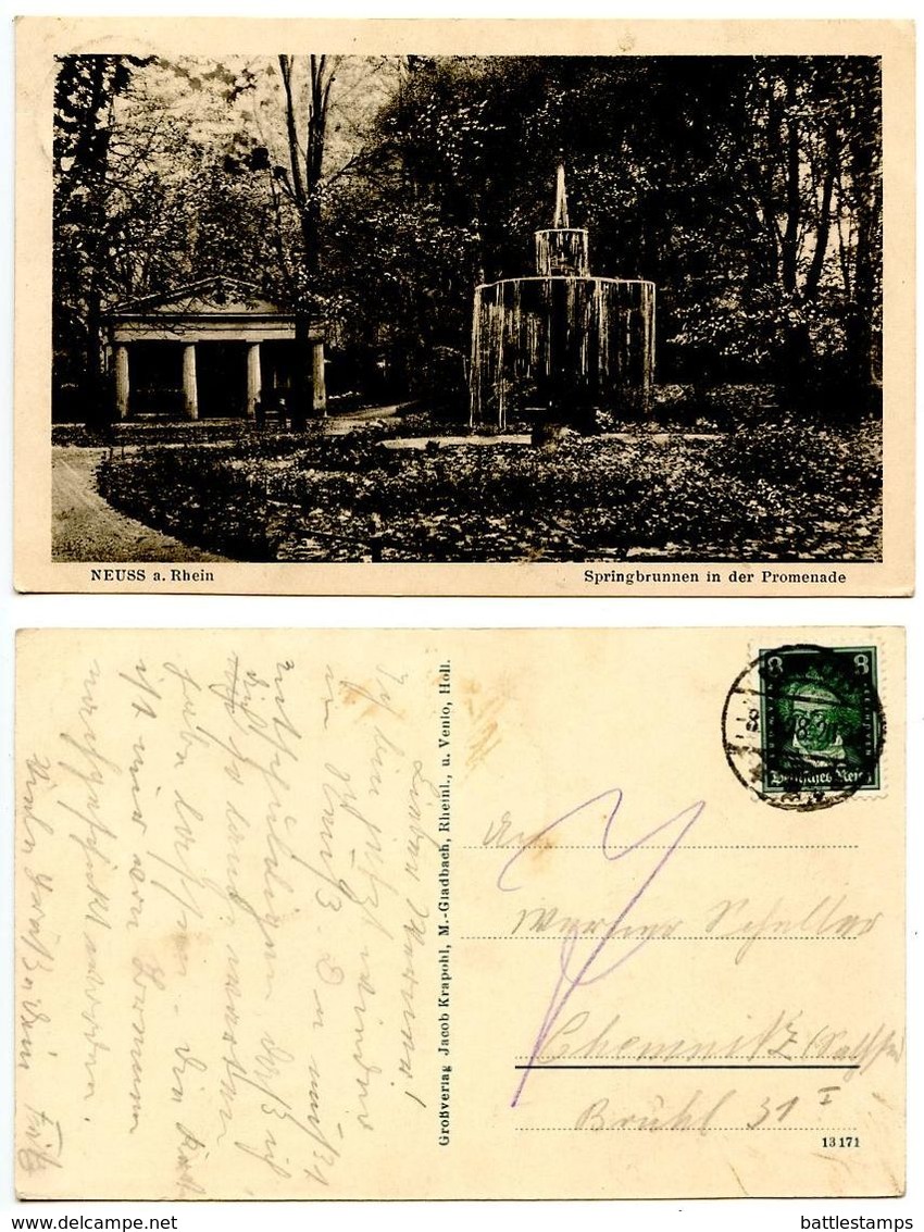 Germany 1928 Postcard Water Fountain, Neuss To Chemnitz - Neuss