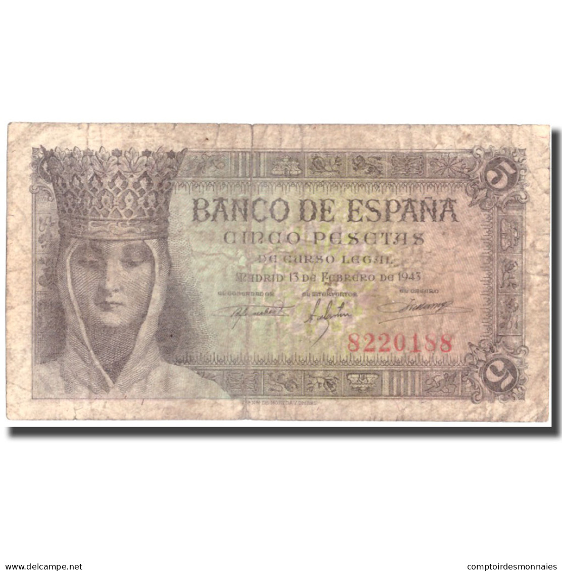 Billet, Espagne, 5 Pesetas, 1943, 1943-02-13, KM:127a, TB+ - 5 Pesetas