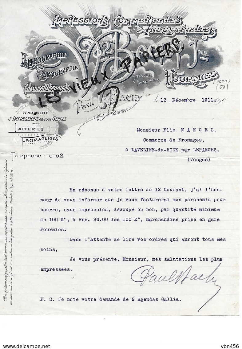 59 - Nord - FOURMIES - Facture BACHY - Imprimerie - 1911 - REF 96B - 1900 – 1949