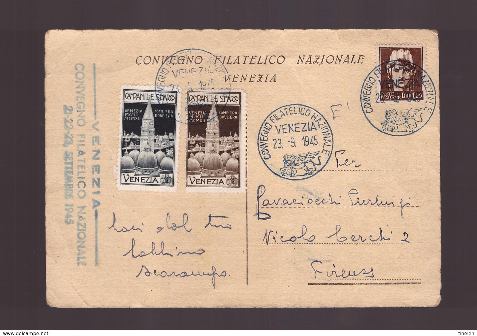 Venezia - 23 9 1945 Cartolina Convegno Filatelico Nazionale - Storia Postale