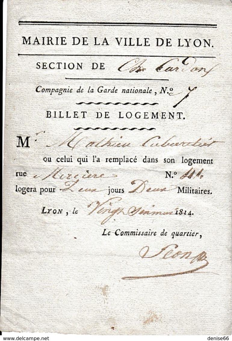 1814 - LYON - BILLET DE LOGEMENT  Pour 2 Militaires De La  Cie De La Garde Nationale N° 7 - Historical Documents