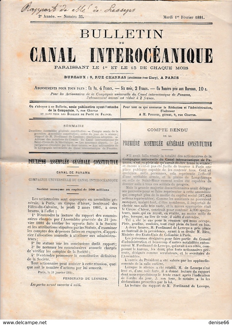 Février 1881 - Bulletin Du CANAL INTEROCÉANIQUE - Rapport De M. De LESSEPS Du 31 Janvier 1881 - CANAL DE PANAMA - Documents Historiques