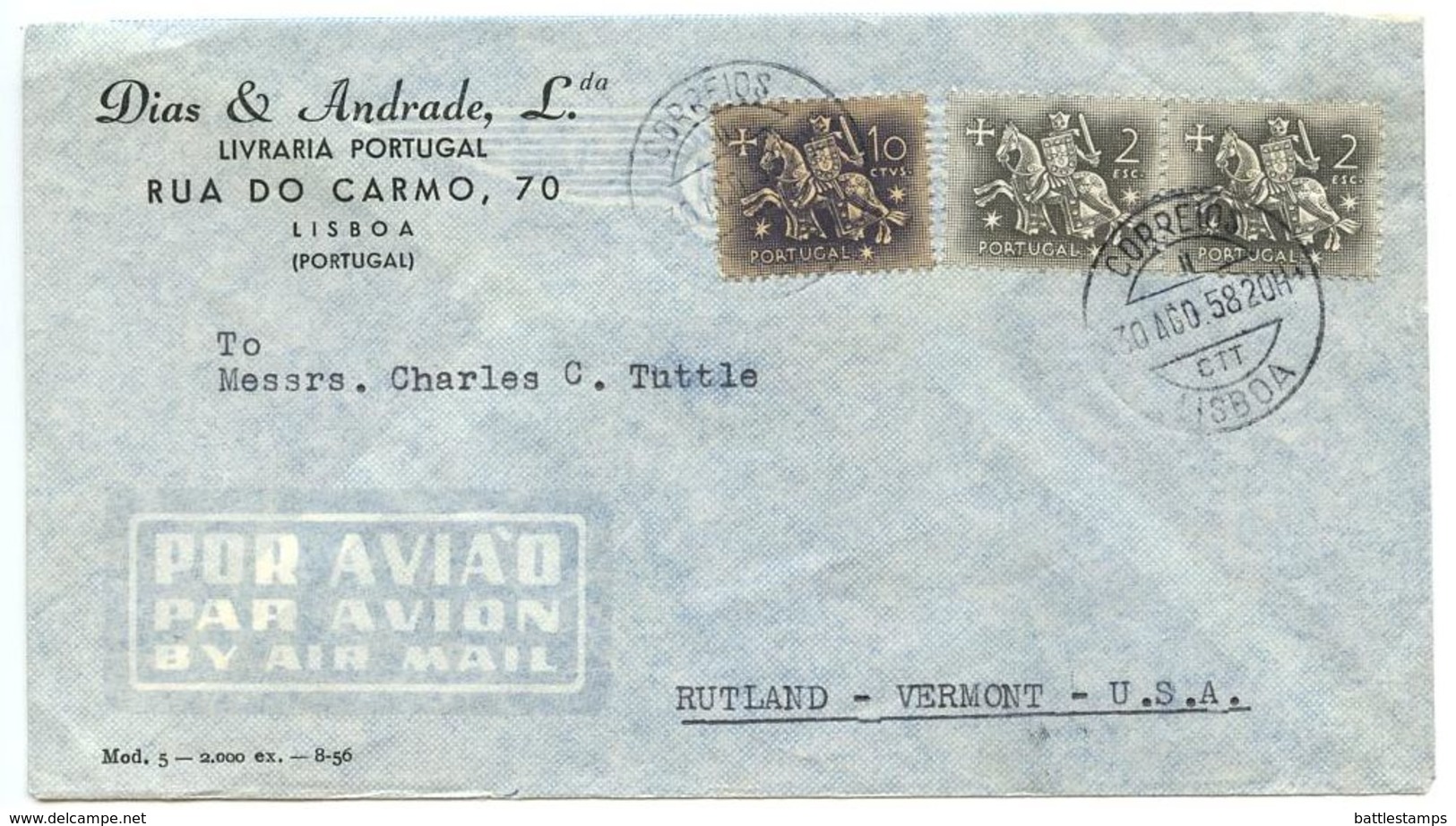 Portugal 1958 Airmail Cover Lisbon To Rutland, Vermont W/ Scott 762 & 769 - Covers & Documents