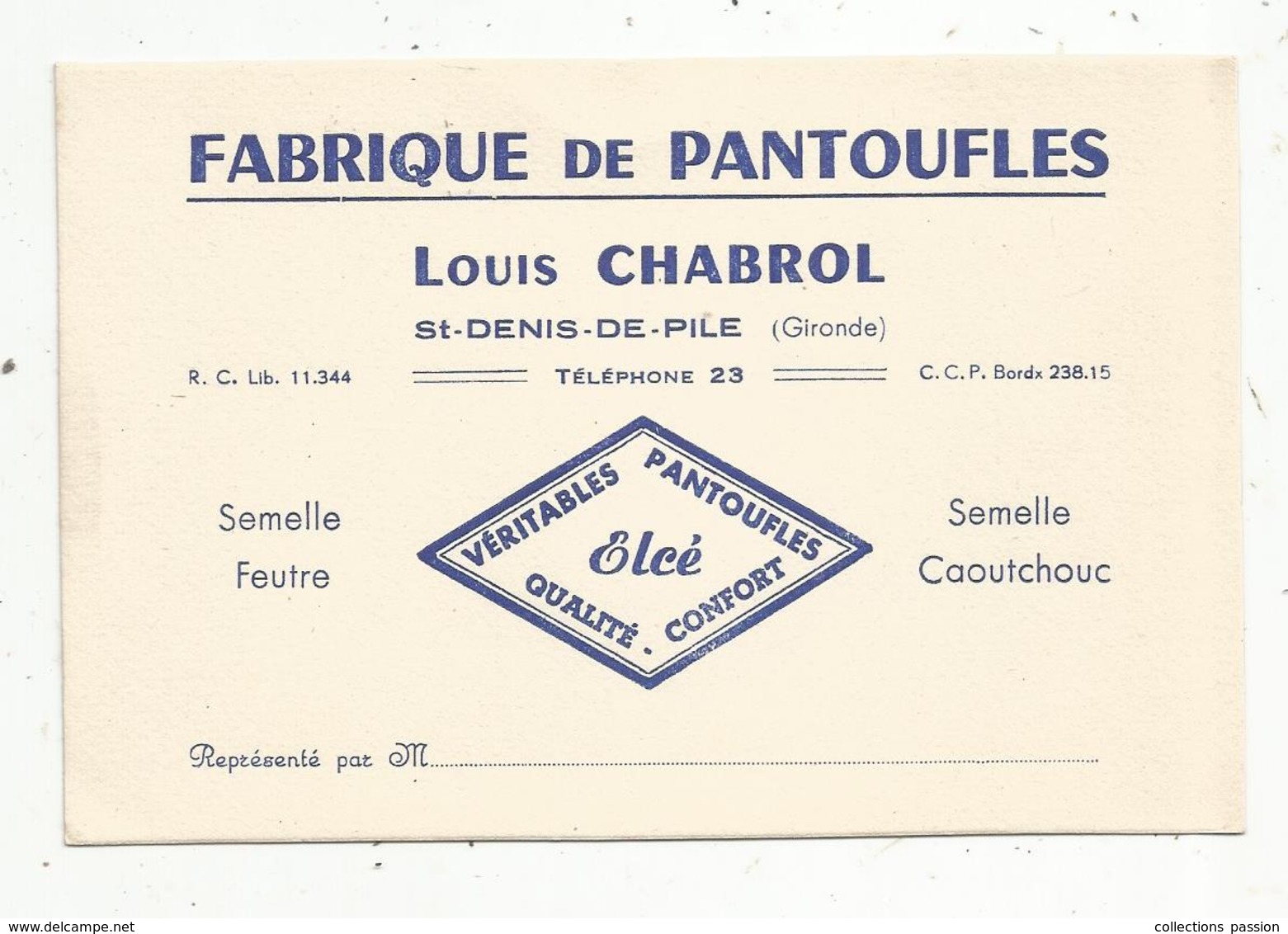 Carte De Visite , Fabrique De Pantoufles ,Louis Chabrol ,SAINT DENIS DE PILE , Gironde ,ELCE - Cartoncini Da Visita