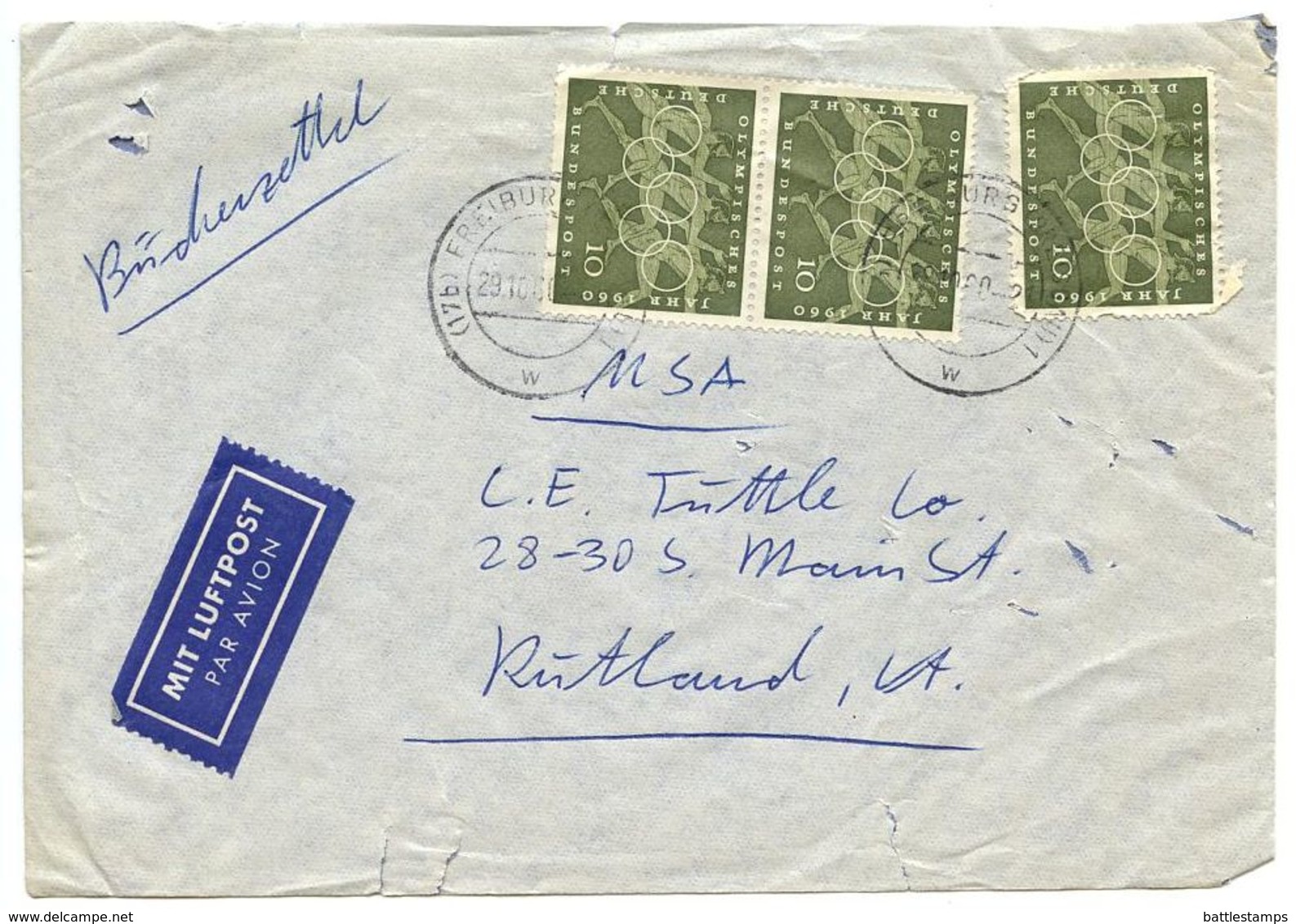 Germany, West 1960 Airmail Cover Freiburg To U.S. W/ Scott 814 Olympics - Brieven En Documenten