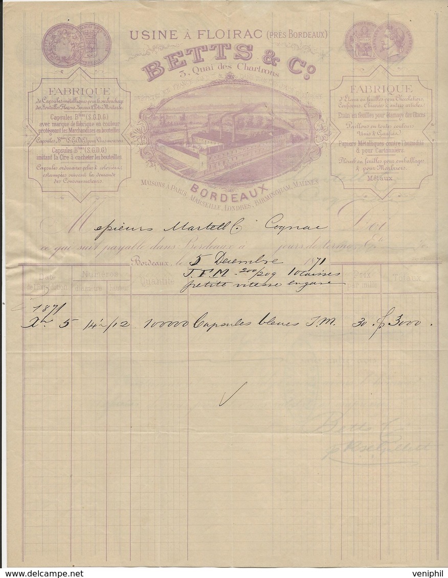 FACTURE ILLUSTREE TIMBREE AVEC N° 60 - BETTS ET C° -USINE DE FLOIRAC 1871 - 1800 – 1899