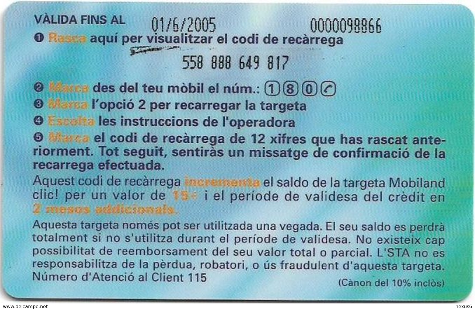 Andorra - STA - Mobiland - Exp.01.06.2005, 15€, GSM Refill, Used - Andorra