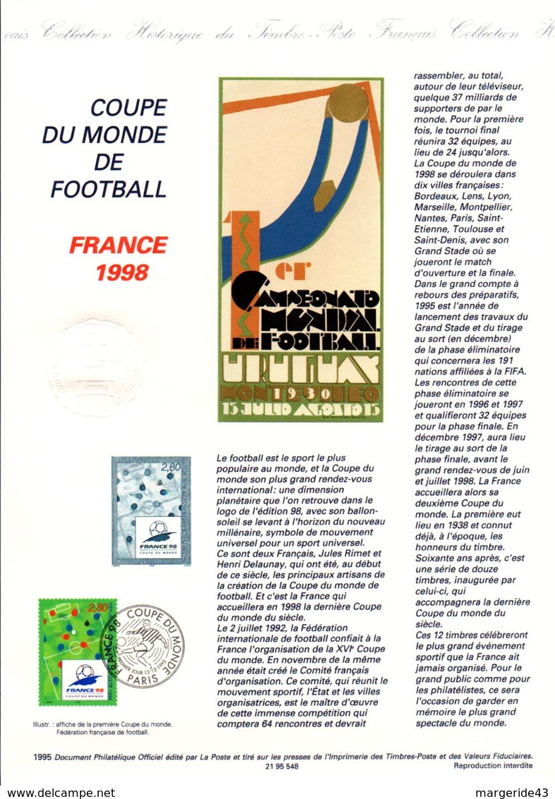 1995 DOCUMENT FDC COUPE DU MONDE DE FOOTBALL FRANCE 98 - Documents Of Postal Services
