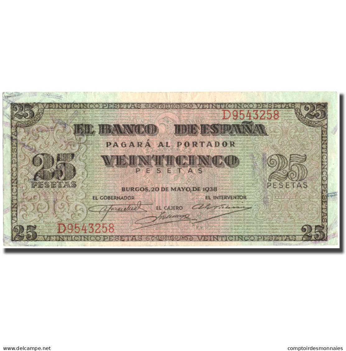 Billet, Espagne, 25 Pesetas, 1938, 1938-05-20, KM:111a, TTB+ - 25 Peseten