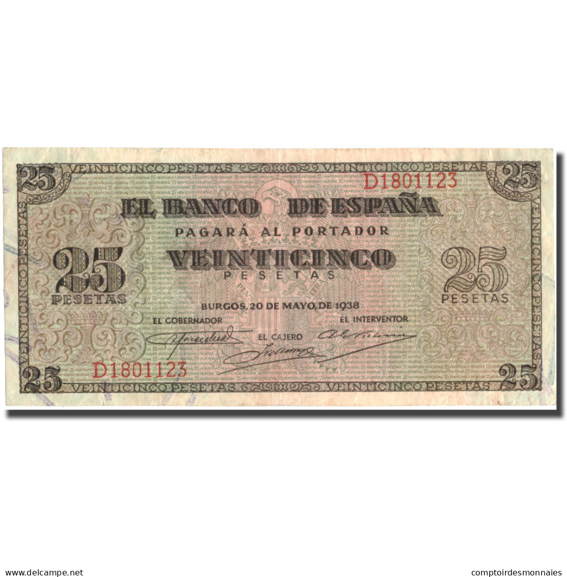 Billet, Espagne, 25 Pesetas, 1938, 1938-05-20, KM:111a, TTB+ - 25 Peseten