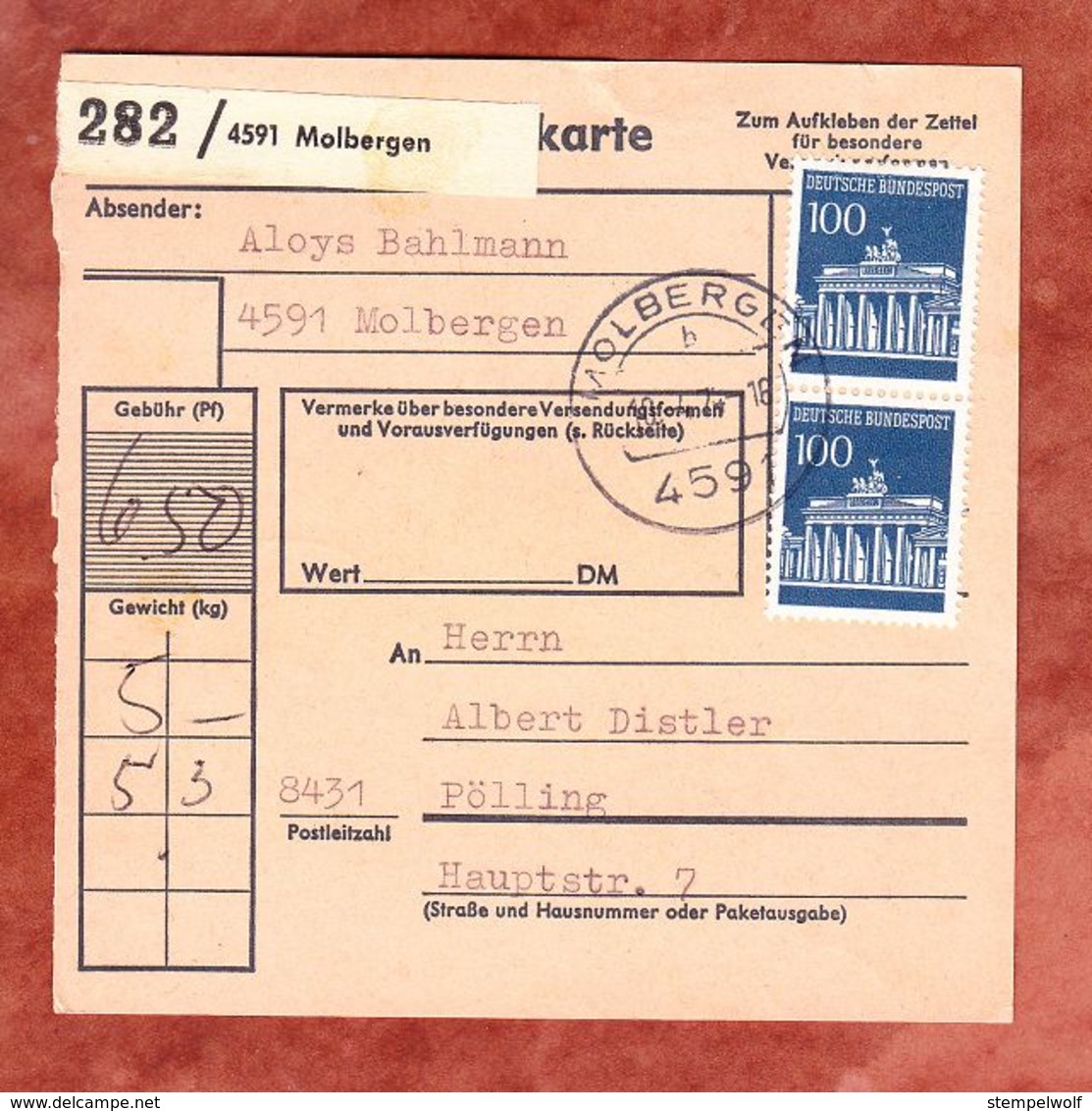 Paketkartenteil Fuer 2 Pakete, MiF Brandenburger Tor Berlin, Molbergen Nach Foelling 1974 (54293) - Briefe U. Dokumente