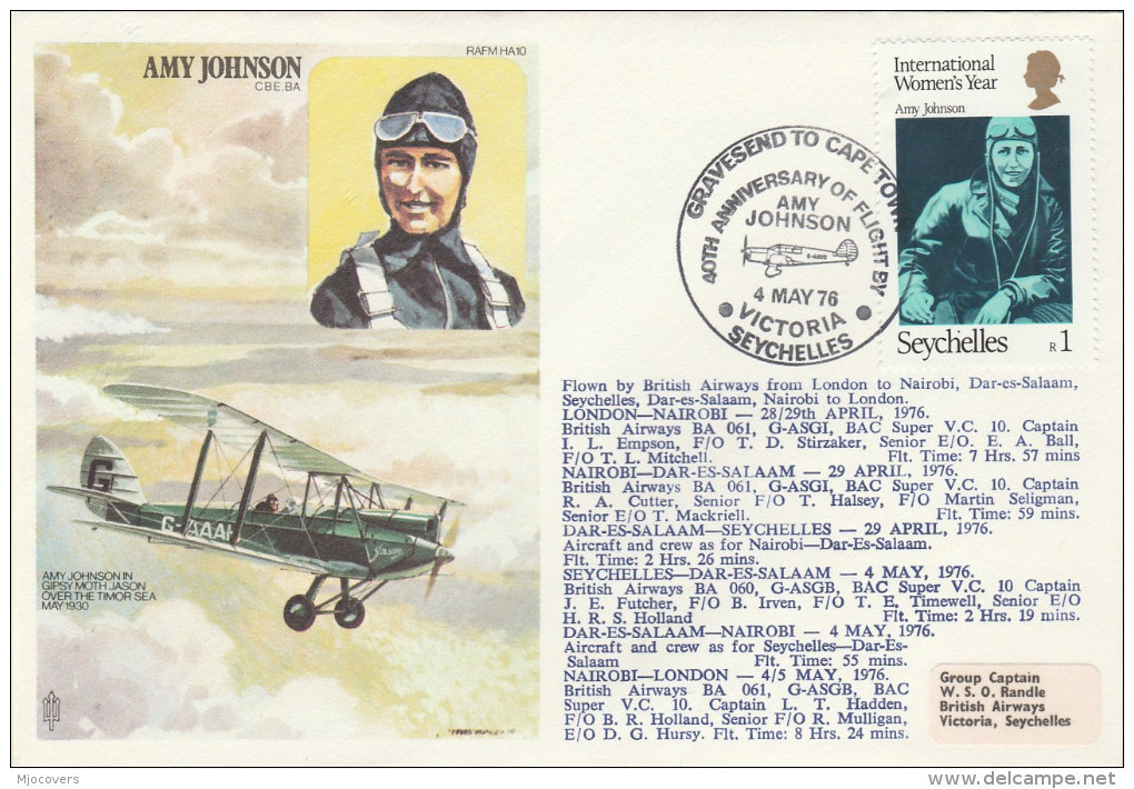 1976 SEYCHELLES Via KENYA Special FLIGHT COVER Anniv AMY JOHNSON Aviator Aviation Stamps - Seychelles (1976-...)